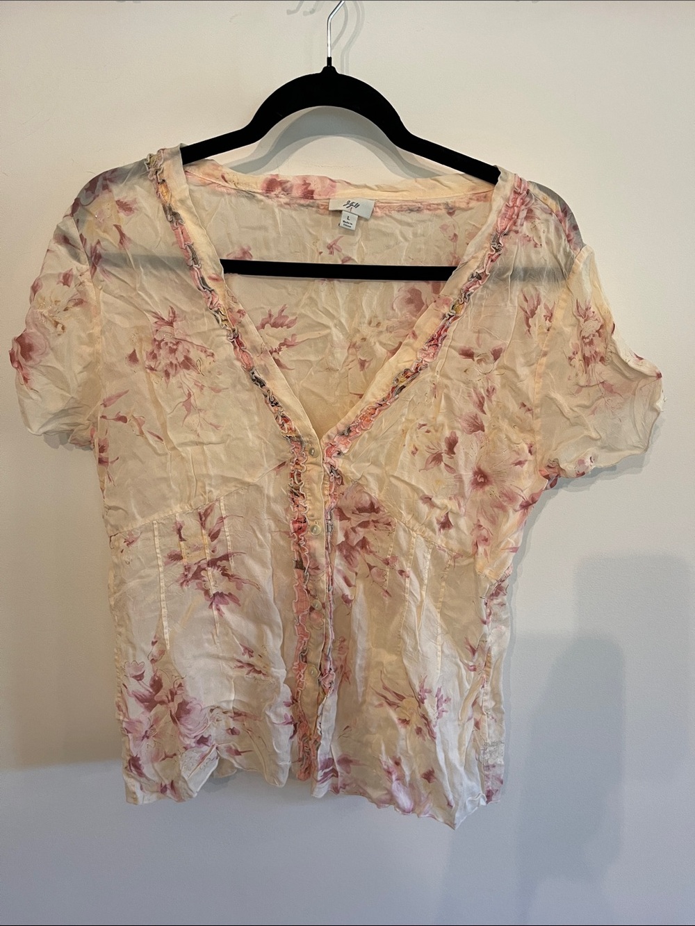 J. Jill Cream Sheer V-Neck Blouse with Pink Floral Accents